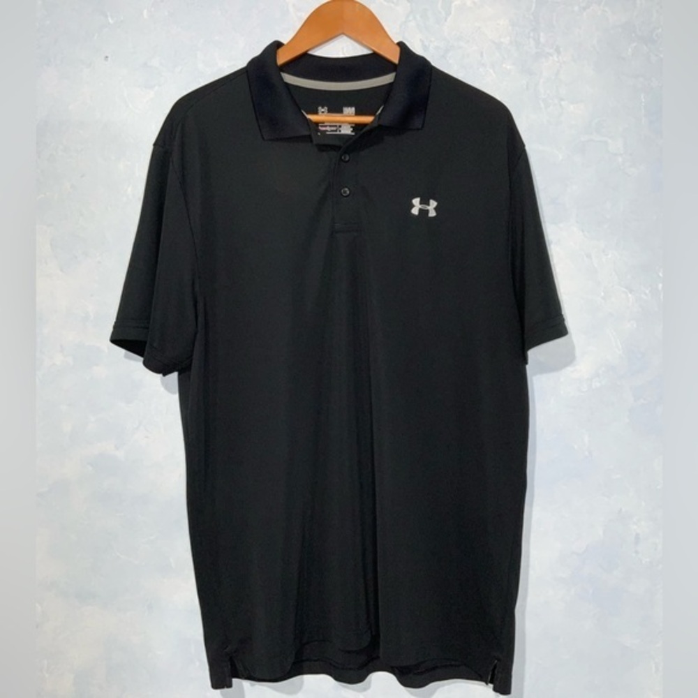 Under Armour Mens Black Short Sleeve Loose Fit Heat Gear Athletic Polo Shirt Lg